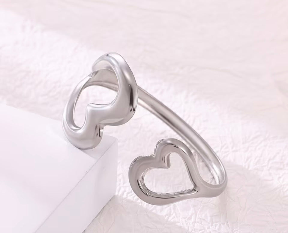 Stainless steel double heart adjustable cuff bracelet