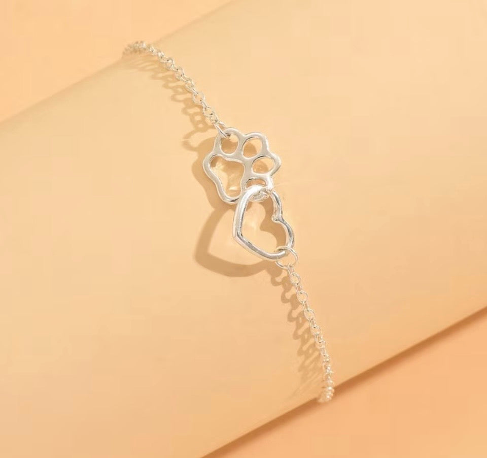 Silver plated bracelet or anklet with paw print and heart, you pick the size.