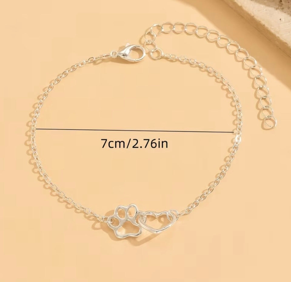 Silver plated bracelet or anklet with paw print and heart, you pick the size.
