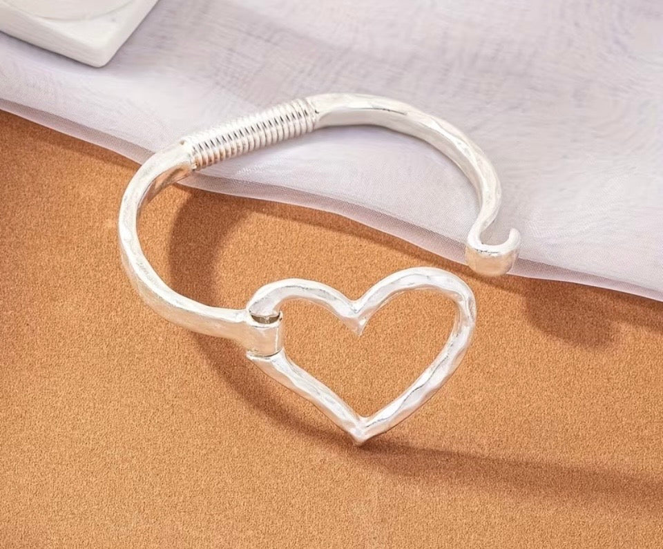 Hand hammered heart bangle adjustable bracelet