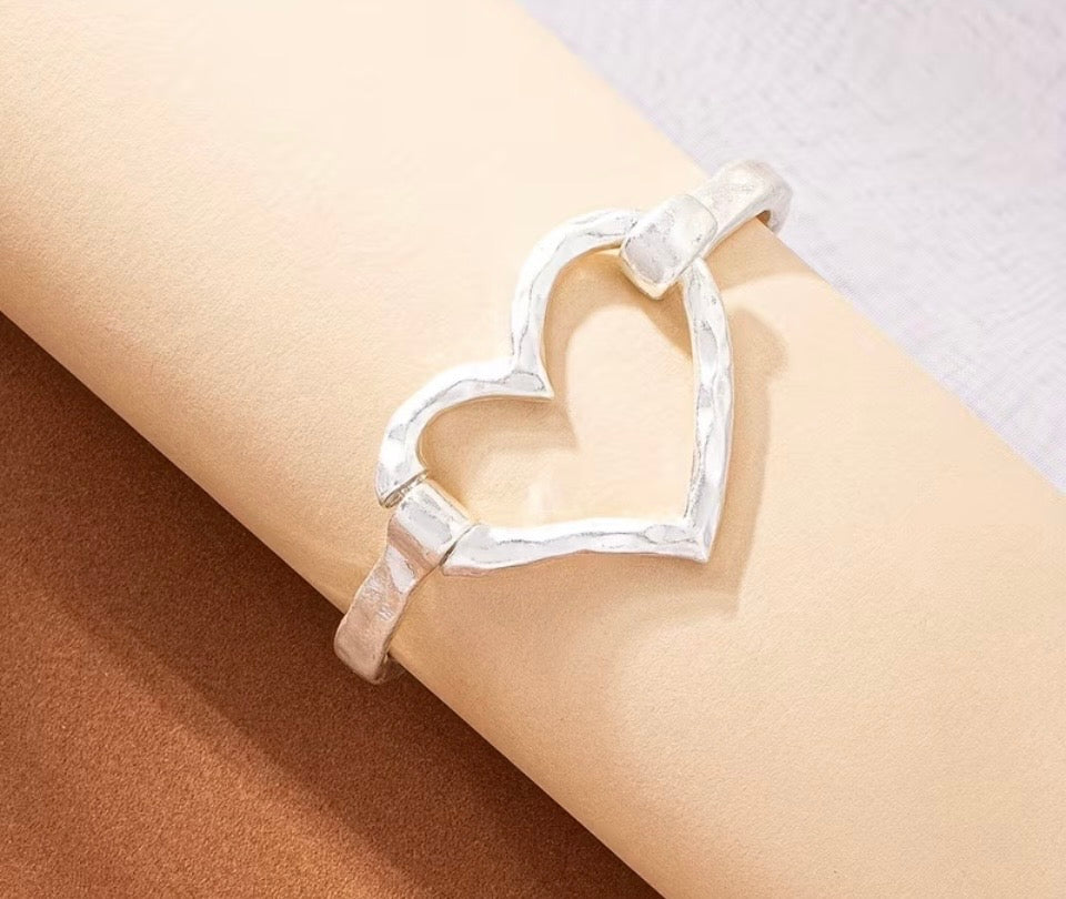 Hand hammered heart bangle adjustable bracelet