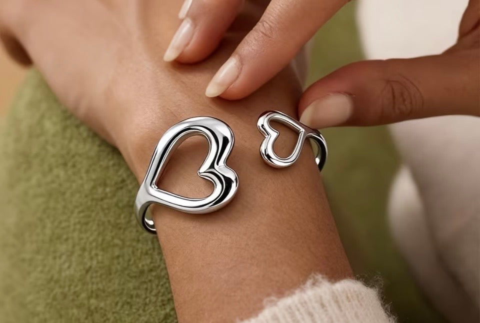 Stainless steel double heart adjustable cuff bracelet
