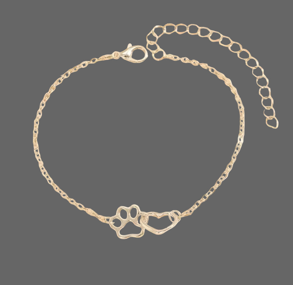 Silver plated bracelet or anklet with paw print and heart, you pick the size.